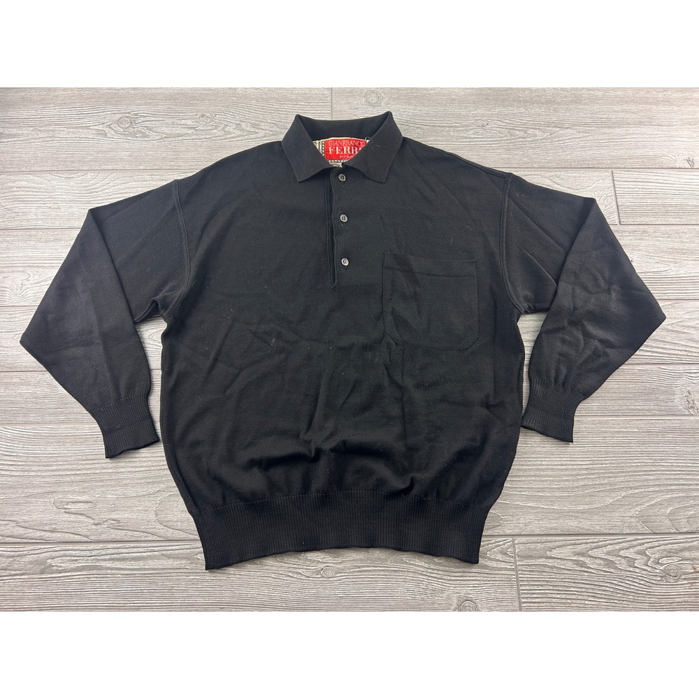 Gianfranco Ferre Mens Black Lambswool Knit Polo Sweater Made in Italy Large L
